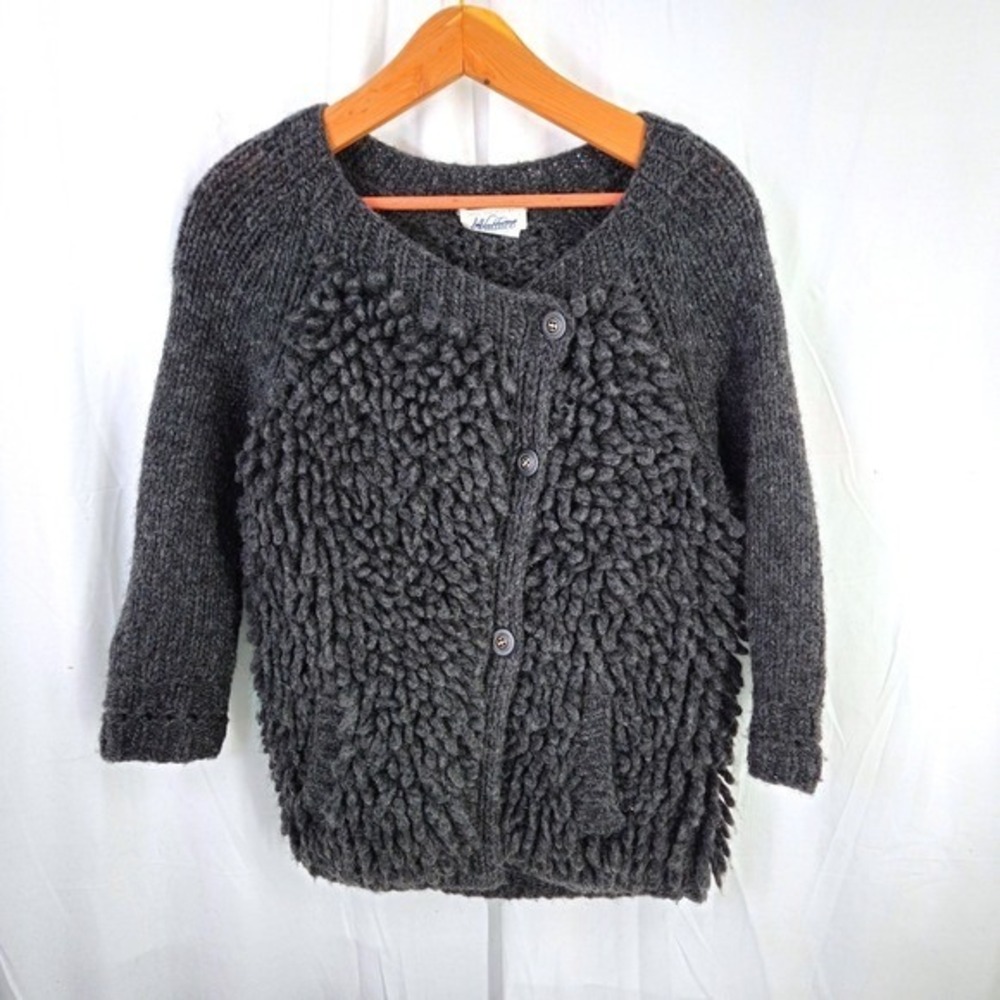 Wallace Women's XS Loop‎ Knit 100% Wool Chunky Cardigan Boucle Button Dark Gray